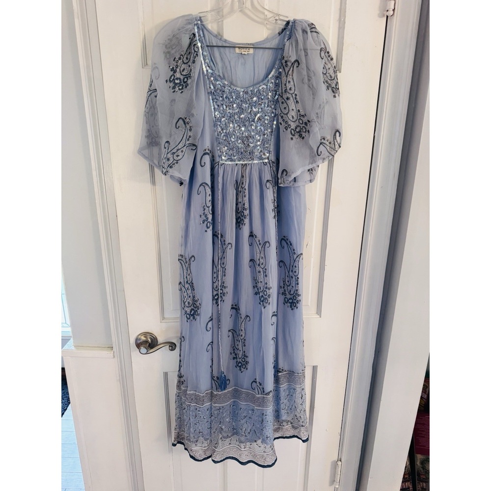 NOVICA Embroidered Boho Dress S Blue India Peasant Tiered Midi Romantic